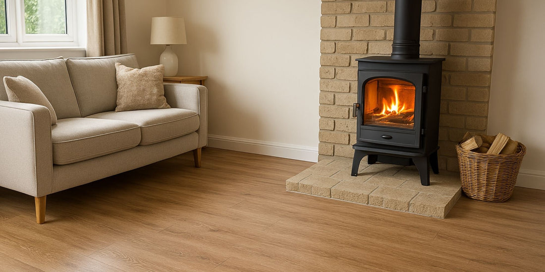 Modernes Wohnzimmer mit Vinylboden in Holzoptik und gemütlichem Kamin – ideal für stilvolles und praktisches Wohnen