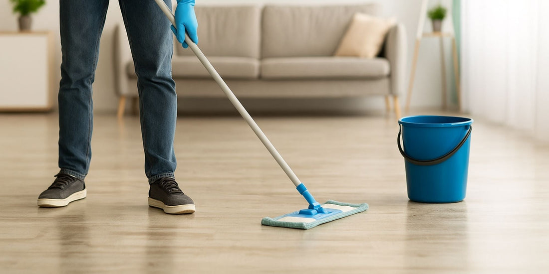 Person wischt einen hellen Vinylboden in einem Wohnzimmer mit einem Flachmopp, daneben steht ein blauer Putzeimer