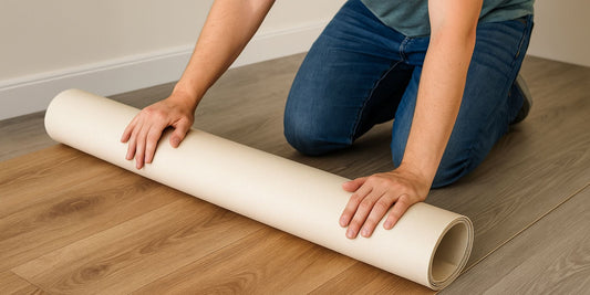 Person verlegt eine Vinylbodenrolle über bereits vorhandenen Laminatboden in einem hellen Raum