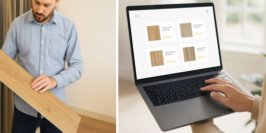 Links betrachtet ein Mann in einem Showroom eine Vinylboden-Planke, rechts surft eine Person auf einem Laptop durch verschiedene Vinylboden-Angebote in einem Online-Shop